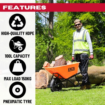 Excel Wheelbarrow 100L Heavy Duty Tyre Wheel Orange HDPE Plastic Tray